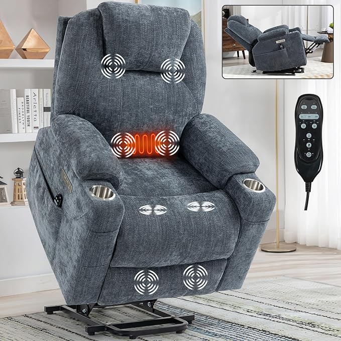 Chenille Electric Power Lift Recliner Chair Massage Single Sofa with Vibration Massage and Lumbar Heating Ergonomic Lounge Couch with Cup Holders and USB Charge Port for Living Room (Blue)