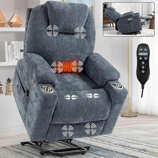 Chenille Electric Power Lift Recliner Chair Massage Single Sofa with Vibration Massage and Lumbar Heating Ergonomic Lounge Couch with Cup Holders and USB Charge Port for Living Room (Blue)