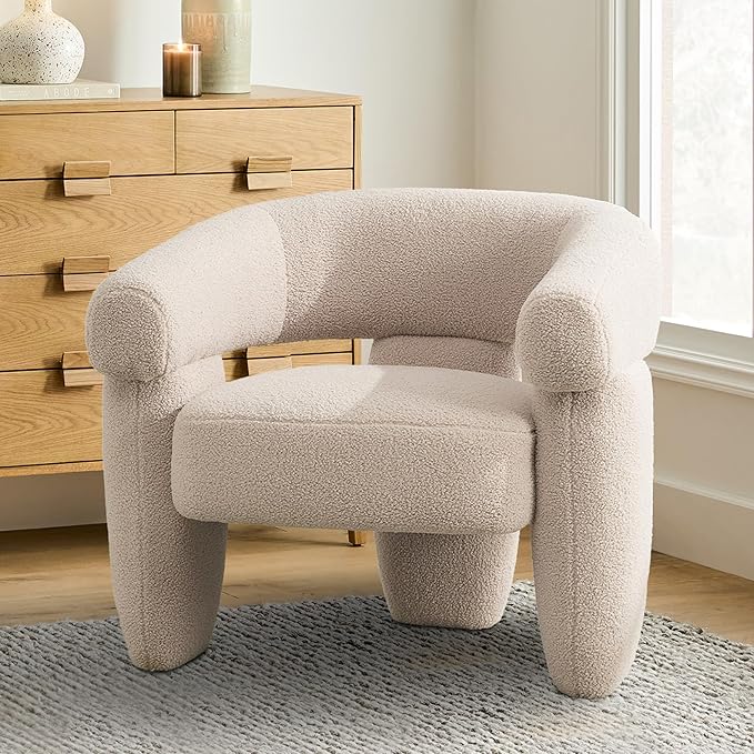 Mid Century Modern Accent Barrel Chair Comfy Upholstered Round Armchair with Montage Design Sherpa Boucle Lounge Chair for Living Room Bedroom Apartment Light Brown