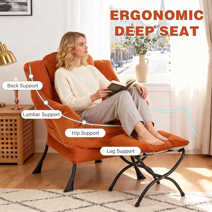 Lazy Chair with Ottoman Modern Accent Chair Contemporary Sofa Chair with Armrests Reading Chair and Folding Footstool Set for Living Room Bedroom Orange