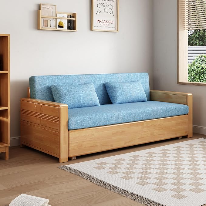 71 Blue Cushion Convertible Sofa Sleepersectional Sleeper Sofa with Reversible ChaiseLog Color Wood Sofa Bed 3 in 1 Pull Out CouchWooden Sofa Bed for livingroomApartmentBedroomOffice