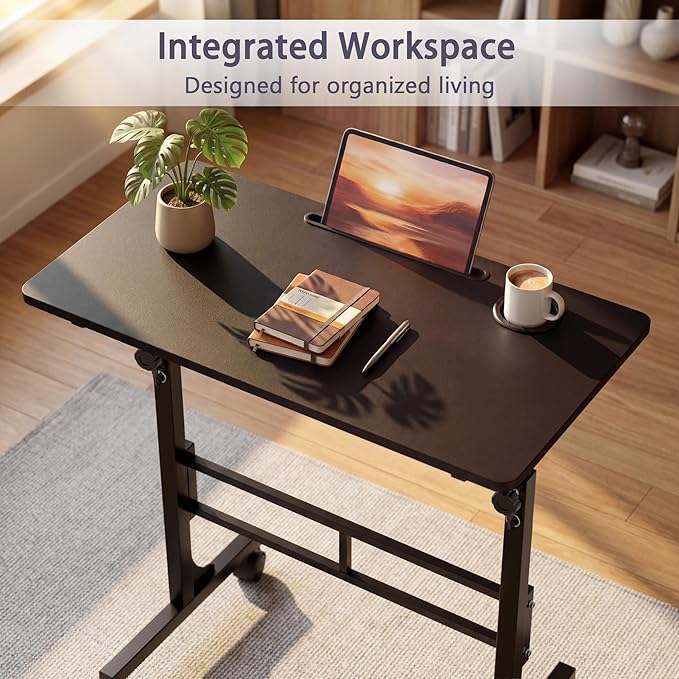 YESHOMY Standing Desk Adjustable Height 32 Inch Small Portable Rolling Desk with Wheels Cup Holder Tablet Upright Groove for Office Sofa Bedroom Black