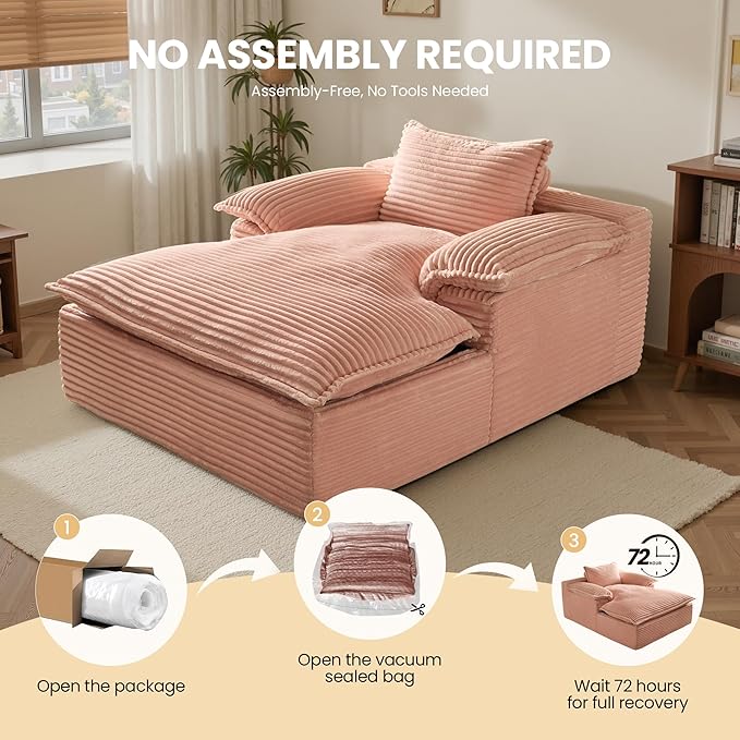 Chaise Lounge Chair Indoor Oversized Sleeping Couch 67L *53W Assembly Free Modern Minimalist Sofa With Comfy Curved Armrest Extra Deep Large Single Sofa for Living Room(Pink Plush Fabric)
