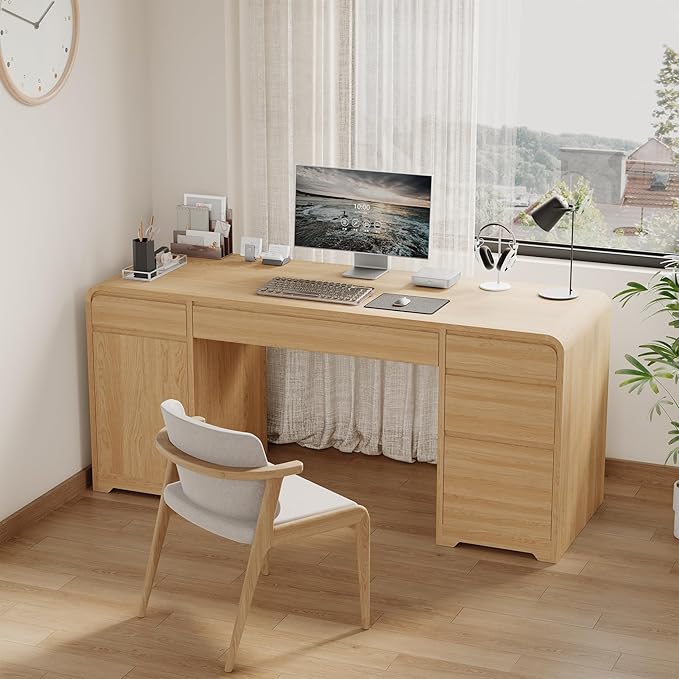 59-Inch Large Computer Desk with 5 Drawers and Storage Cabinet for Living Room Modern Wood Computer Desk for Home Office Bedroom Small Space Light Oak
