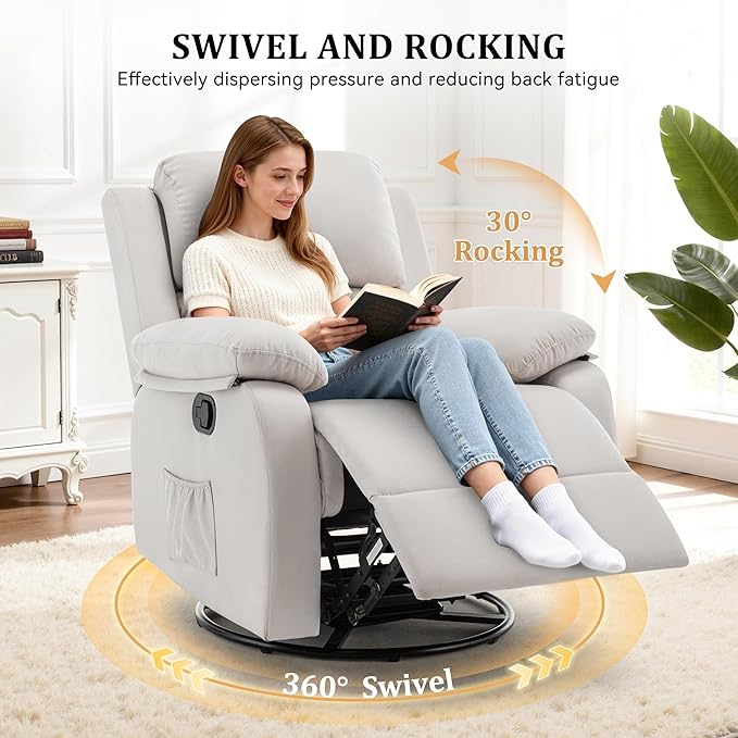 Recliner Chair 360 Swivel Rocker Chair for Adults Small Rocking Recliner for Small Spaces Upholstered Fabric Glider Recliner Nursery (Swivel Rocker Recliner Off White)