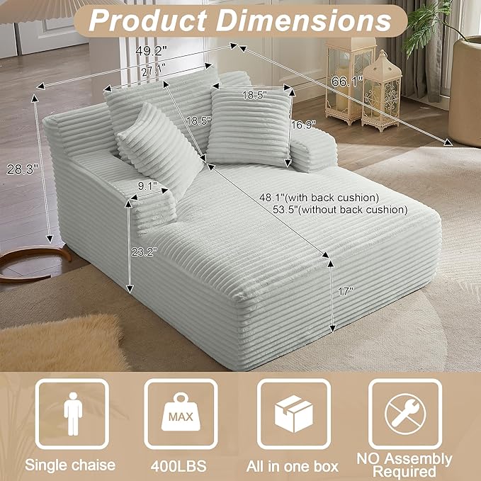 KEIKI 67 Oversized Chaise Lounge Chair Indoor Modern Corduroy Sleeper Sofa Bed with Deep Seat Comfort Boneless Cloud Couch Reading Chair for Home Office Break Area No Assembly Required