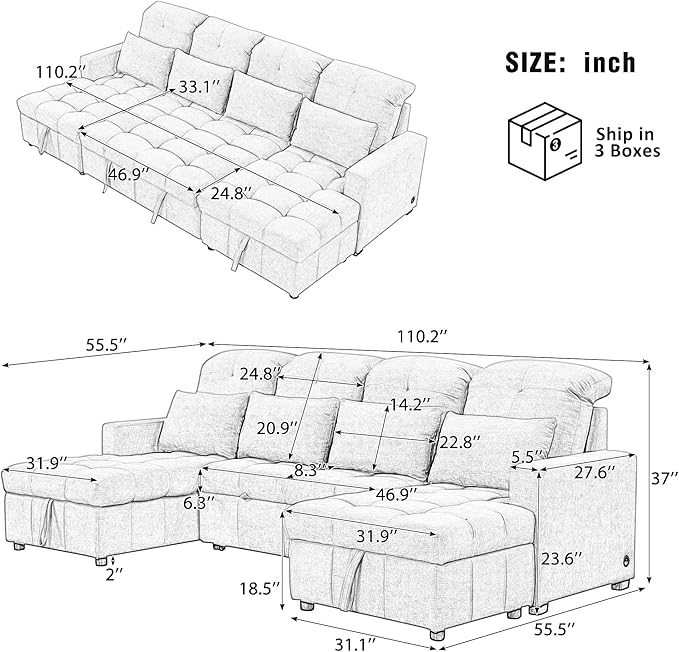 Harper &amp Bright Designs 110.2 Oversized U-Shaped Sofa Versatile Sectional Sofa Pull-Out Sofa Bed with Double Storage Chaise Lounges and Two USB Ports for Living RoomGray