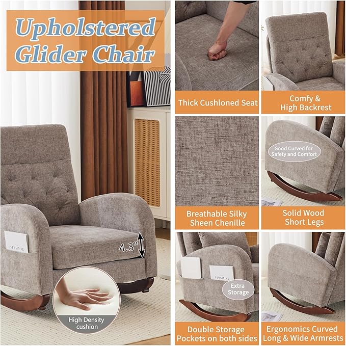 VINGLI Chenille Low Seat Rocking Chair Upholstered Nursery Glider Chair with Side PocketsAccent Arm Chair with High BackrestComfy Head Rest and Solid Wood Base For Living Room Bedroom BalconyGrey