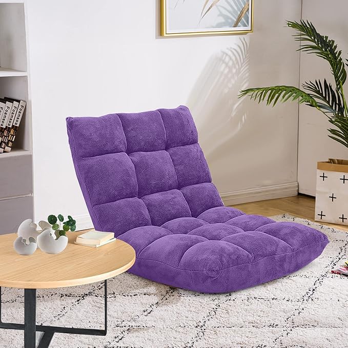 LDAILY 14-Position Floor Chair Adjustable Gaming Chair with Strong Back Support Padded Cushion Folding Couch Recliner Sofa Ideal for Floor Seating Reading Gaming(Purple)