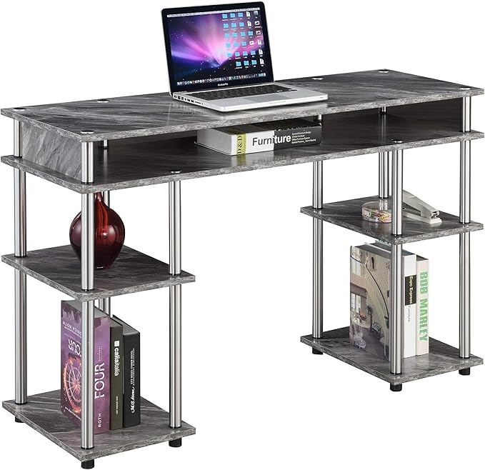 Pemberly Row No Tools Student Desk Gray Faux Marble Wood Finish Stainless Steel Legs 47.25 x 15.75 x 30 in Modern Home Office Desk with Shelves for Storage