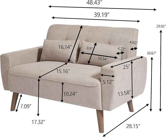 Small Loveseat Sofa 48 Mid Century Love Seat Couch Modern 2 Seat Tufted Couches with Throw Pillows for Living Room Apartment Bedroom Beige