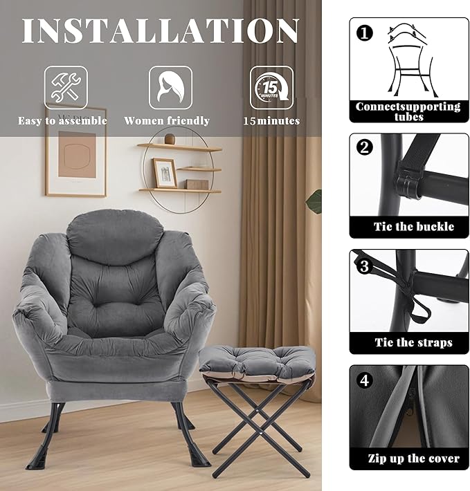 Lazy Chair with Ottoman Comfy Accent Lounge Chair with Side Pocket Modern Reading Armchair with Footrest Upholstered Sofa Chair for Small Spaces Bedroom Living Room Dorm Darkgrey