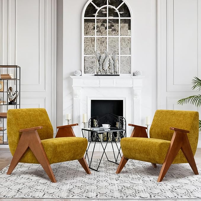2 Pcs Home Accent Chair Mid Century Modern Accent Chair with Wood Frame Lounge Upholstered Armchair Reading Chair Sturdy BaseFor Living Room BedroomOfficeComfy Guest Waiting Room ChairsYellow