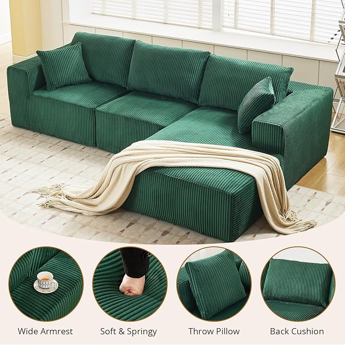 Sectional Cloud Boneless Couch 108 Modern Comfy L-Shape No Assembly Required Convertible Compression Sleeper Modular Sofa with Corduroy Fabric Deep Seat Loveseat + Chaise for Living Room
