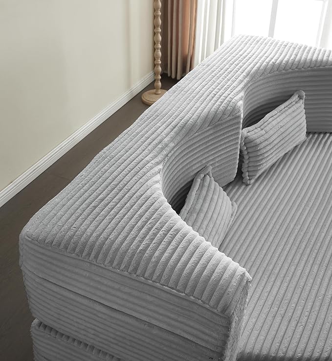 Hommoo Convertible Sleeper Sofa Bed Futon Sofa Folding Mattress Couch Full Size Corduroy 2 in 1 Compression Floor Lounge Couch High Density Foam for Living Room/Guest Room/Apartment Light Grey