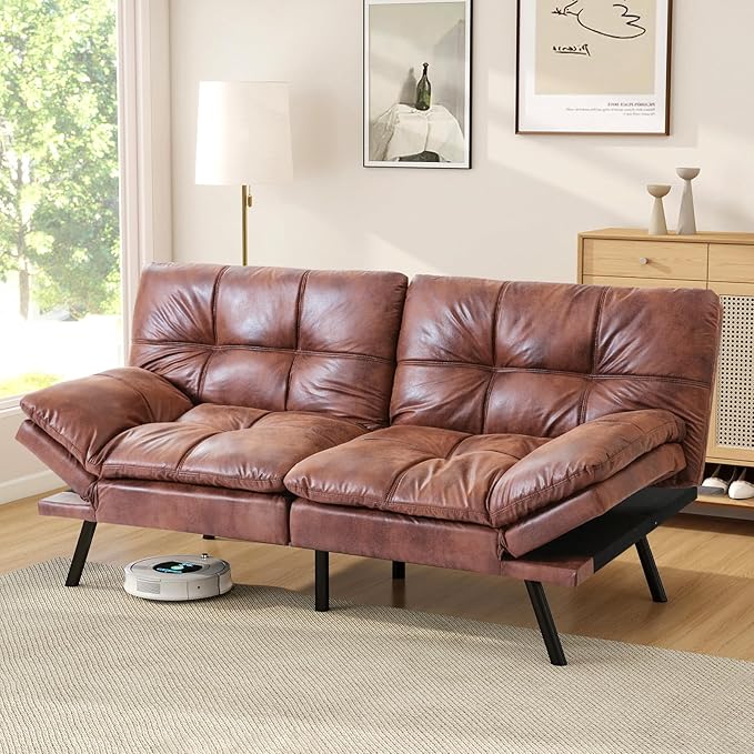 Opoiar Faux Leather Sleeper SofaMemory Foam Futon Sofa BedFoldable Couch SleeperCompact Sofa Padded with Metal Legs Modern Convertible Loveseat Sofa for Living RoomApartmentStudioBrown