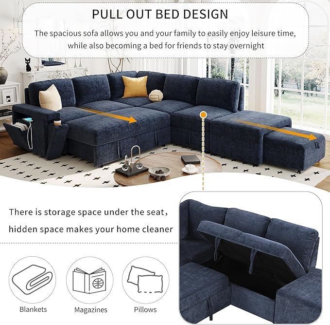 Convertible Sleeper Sectional Sofa with Pull-Out Bed and Storage Space &amp Ottoman Armrest w/USB Ports &amp Cup Holders Corner 6 Person L-Shape Modular Couch for Living Room Apartment (Blue)