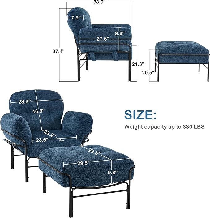 MCombo Modern Accent Chair with Ottoman Chenille Upholstered Leisure Sofa Chair for Small Space Living Room &amp Bedroom 4071 (Blue)