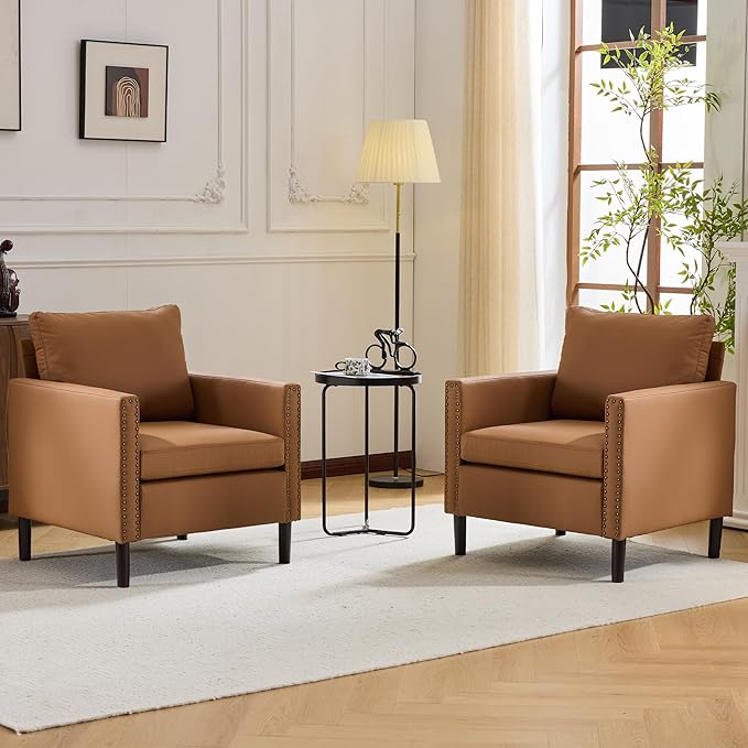 MOJAY Modern Accent Chairs Set of 2 Mid-Century Living Room Chair for Bedroom PU Leather Upholstered Comfy Armchair for Apartment Waiting Room (Brown)