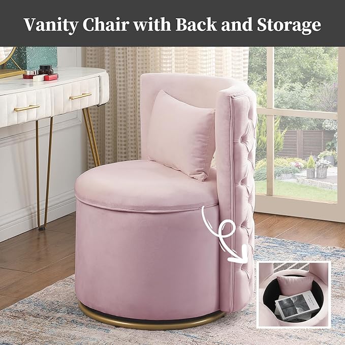 Swivel Chair with Storage for Living Room Round Velvet Vanity Chair with Tufted Button Back Pillow Included (Pink)