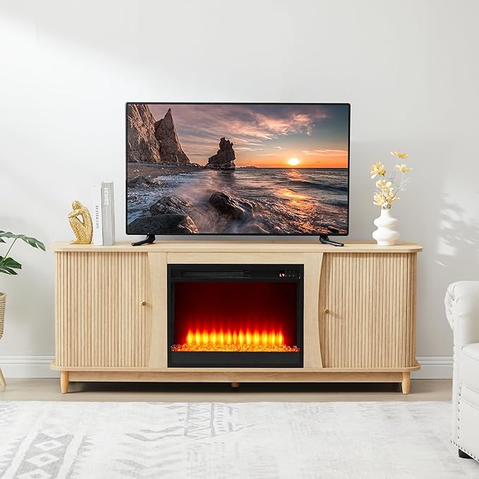 Fireplace TV Stand Fluted TV Stand with Storage and Sliding Door Farmhouse Entertainment Center Media Console Table for Living Room (Natural)