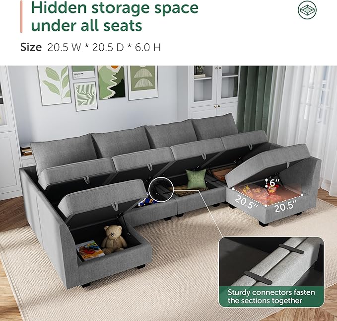 HONBAY Modular Sectional Sofa with Storage U Shaped Modular Sofa 6-Seater Sectional Couch for Living Room Grey