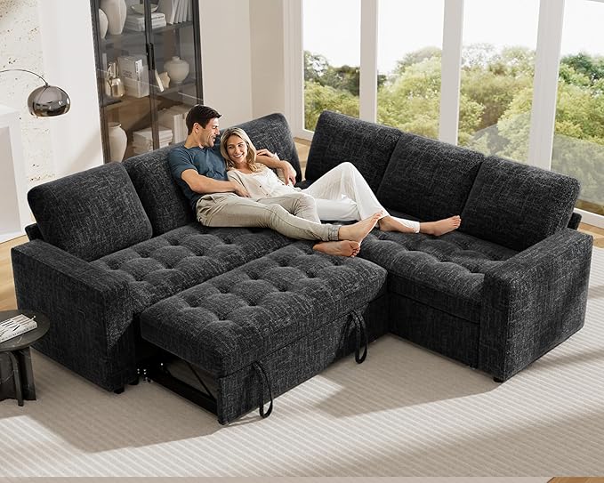 Vipbear Modular Sectional Sleeper Sofa Bed with Pull Out Bed/Reclining Backrest/USB Ports 5 Seat L Shaped Sectional Sleeper Couch Tool-Free Assembly Chenille Black