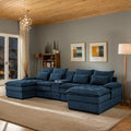 130 U-Shaped Modular Sectional Sofa Oversized Cloud Couches with Storage Console &amp Cup Holders Linen Sofa with Chaise/Pillows 6-Seater Deep Seat Couches for Living Room (Blue) | Breathable mat