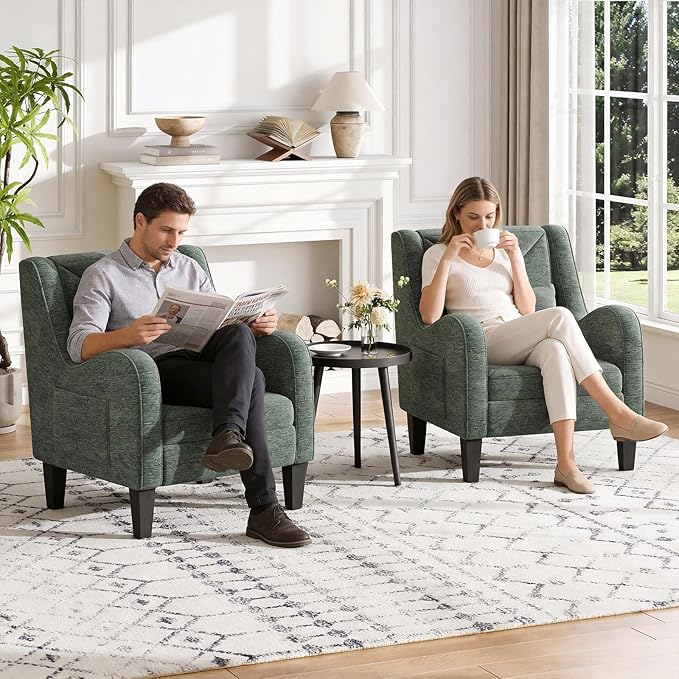Maupvit Chenille Accent Chair for Living Room Bedroom Chair Comfy Reading Chair Upholstered Arm Chair Single Sofa Chair with Lumbar Pillow Mid Century Modern Chair for Small Spaces Green