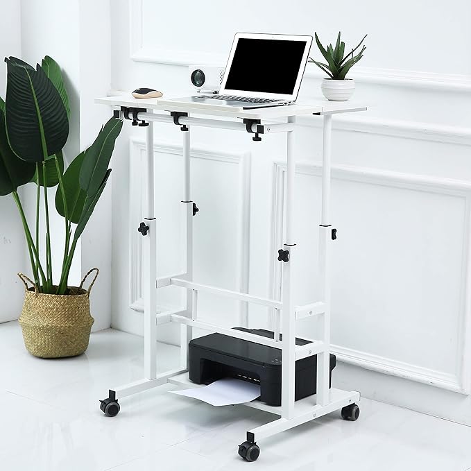 UNICOO Portable Standing Desk on Wheels Height Adjustable Mobile Workstation Versatile Sit-Stand Desk for Home Office (White Frame/White Top)