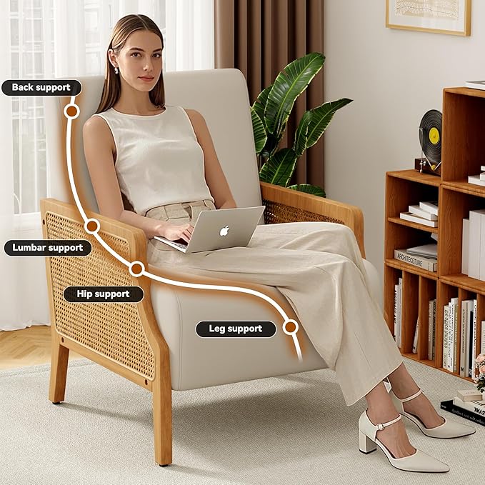 WENTMENT Modern Accent Chair Armchair with Natural Rattan Armrest Upholstered Living Room Chair Comfy Single Sofa Chair for Hosting Room/BedroomBeige