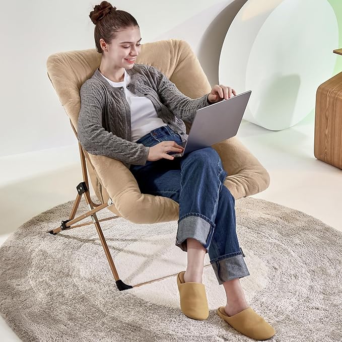 Walsham Folding Comfy Chair Faux Fur Soft Cozy Lounge Reading Papasan Chair for Adults Kids Bedroom Living Room Dorms Small Space Brown