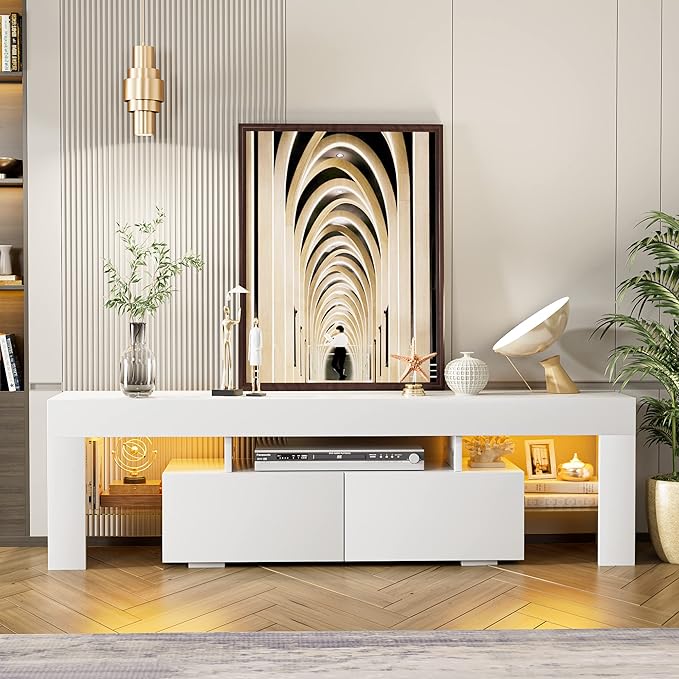 JUMMICO TV Stand with LED Lights Modern Entertainment Center Media and Open Shelf Console Table Storage Desk with 1 Drawer and Remote Control 20 Color LED Lights up to 70 Inch TV (White)