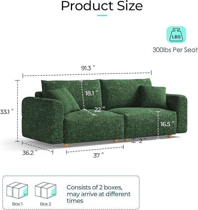 LINSY HOME Cloud Couch Sectional Modular Sofa Sectionals for Living Room Bedroom 91 2 Seater Love Seat Couch with Ottoman Deep Seat Cozy Couch Luxury Chenille Sofas Green