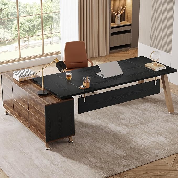 Tribesigns 78.7-Inch Executive Desk L-Shaped Desk with 55-Inch Cabinet Large Office Desk with Storage Shelves Modern Computer Desk for Home Office Black &amp Walnut