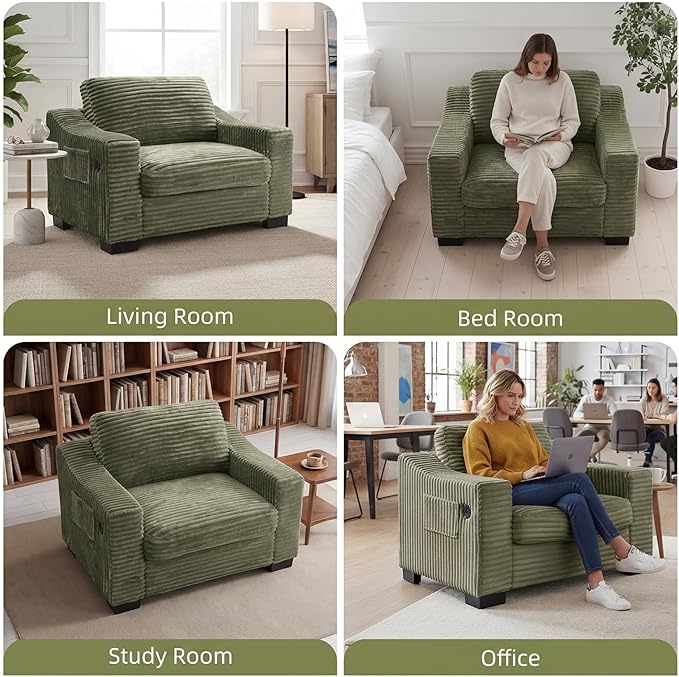 46.1''W Oversized Accent Chair Modern Single Armchair with USB Charger &amp Storage Pocket Comfy Reading Chair Tufted Corduroy Fabric for Living Room Bedroom Apartment Office (Green)