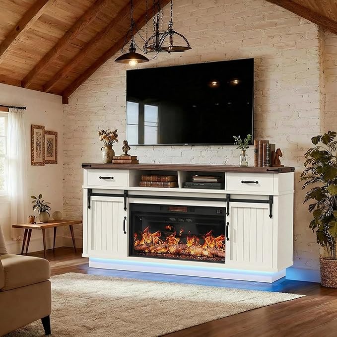 Fireplace TV Stand for TVs up to 65 Electric Fireplace with 3D Flame Farmhouse LED Light Entertainment Center TV Console with with 2 Drawers Sliding Barn Door for Living Room - White