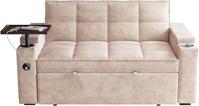 65'' 3-in-1 Convertible Sofa Bed with Adjustable Backrest Pull Out Sofa Chenille Couch Sleeper 360° Swivel Side Table Easy Assembly for Living Room &amp Apartments Khaki