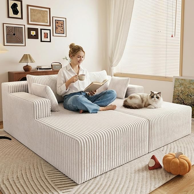 71Oversized Chaise Lounge ChairSectional Double Lounge Chaise with Pillows Upholstered Corduroy Boneless Lounge Chair Fluffy Modern Loveseat Sleeper Sofa for Living Room or Bedroom(White)
