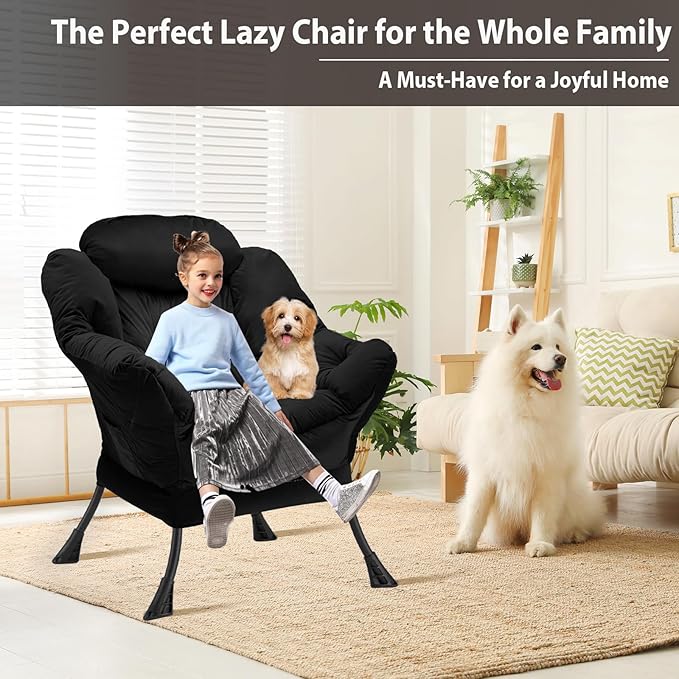 Lazy Chair Thick Padded Comfy Velvet Accent Lounge Chair with Stable Frame Leisure Sofa Armchair with Armrests and Side Pocket Reading Chair for Bedroom Living Room Office Black
