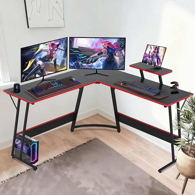 Bigacc L Shaped Gaming Desk 50 Corner Desk Spacious Dual Tops P2 Particleboard Metal Z-Legs Adjustable Non-Slip Pads Scratch/Waterproof Multi-Use Home Office/Game Room/Dorm