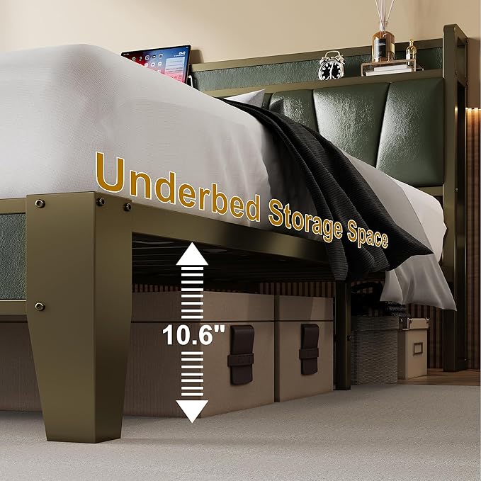 LIKIMIO California King Bed Frame Storage Headboard with Charging Station Solid and Stable Noise Free No Box Spring Needed Easy Assembly (Dark Green)
