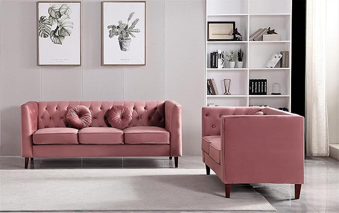 Kittleson Classic Chesterfield Velvet Loveseat Sofa with Elegant Button Tufted Backrest Square Legs High-Density Foam &amp Accent Pillows 2 Seater Couch for Living Room Love Seat Rose