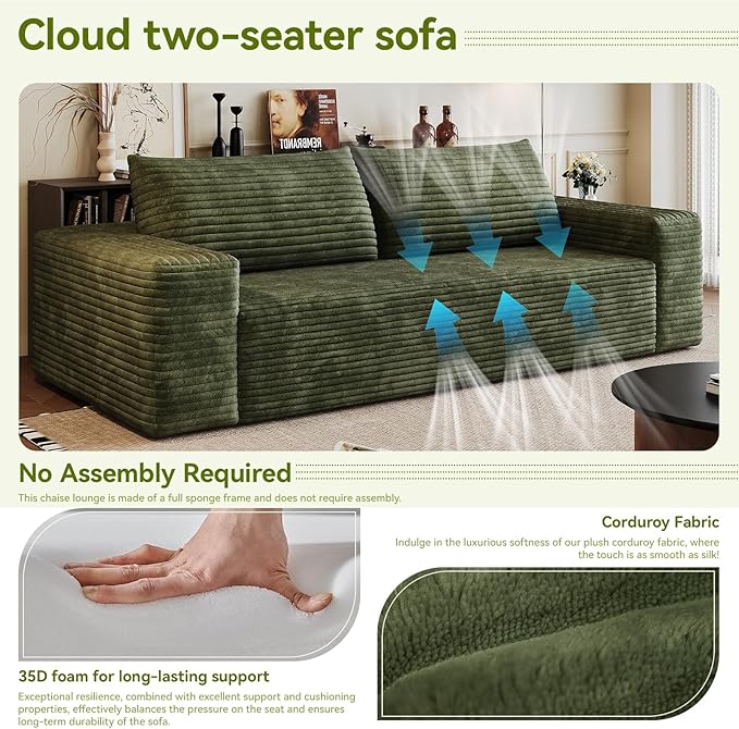 63 Boneless CouchNo Assembly RequiredLoveseat Velvet Couch Soft and Comfortable for Living Rooms Bedroom and Dormitories (Green)