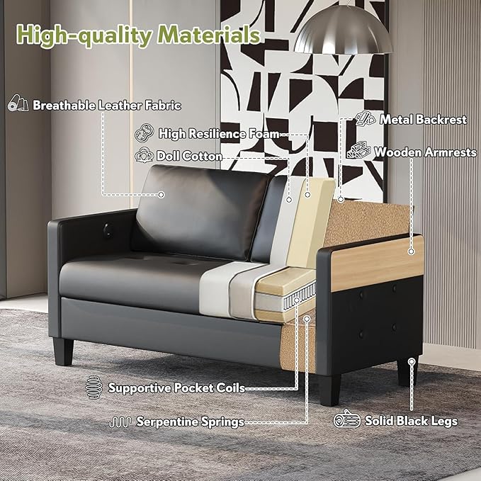 STHOUYN 59” Black Faux Leather Sofa Couch Modern Comfy Office 2 Seater Couch Loveseat with USB &amp Tufted Armrest Small Love Seat Couches for Living Room Bedroom Apartment