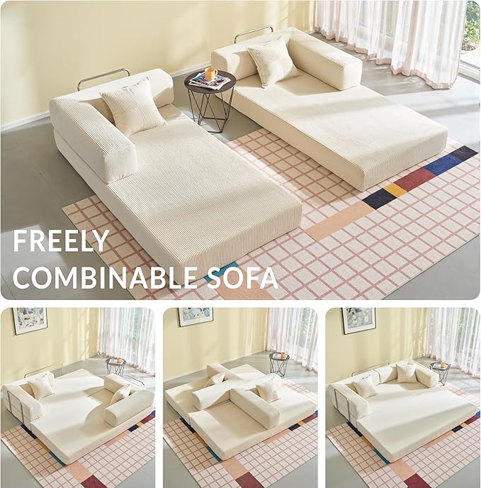 Compression Sofa - 78''Convertible Floor Sofa Bed - with Pillow Back Support Armrest - Comfy Foldable Sofa Bed Compressed Sofa in Box - Corduroy Fabric - for Living Room Bedroom - Ivory