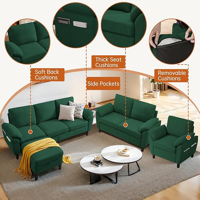 3 Pieces Sectional Sofa Couches Set 3-Seater L Shaped Couch Sofas and Loveseat with Armchair and Storage Ottoman for Living Room Living Room Furniture Set Green