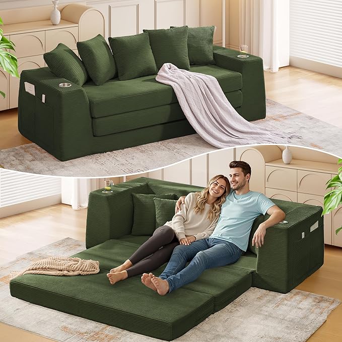 82 Oversized Loveseat Pull Out Sofa 2 in1 Convertible Loveseat Sofa with Pillows Corduroy Folding Couch Bed with Deep Seat Boneless Couch for Small Room No Assembly Required Green
