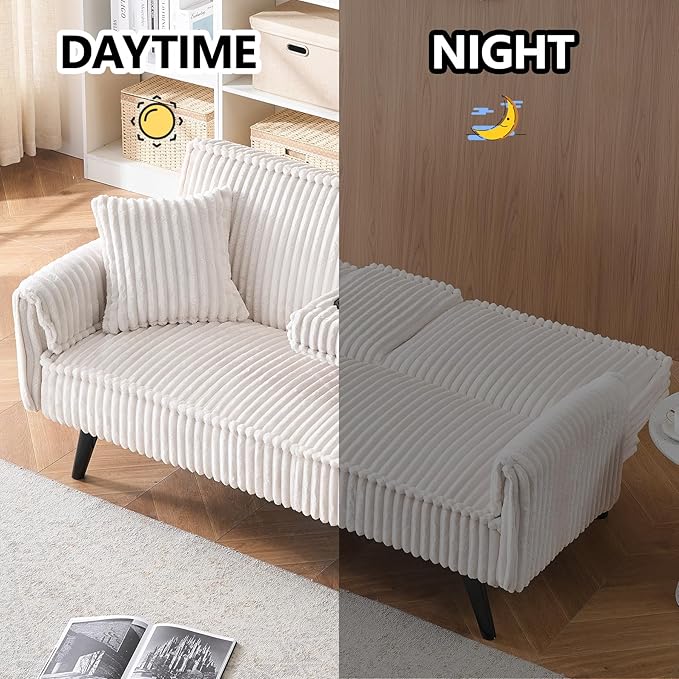 72” Corduroy Futon Sofa Bed with Pillows Modern Convertible Futon Couch with 2 Cup Holders&amp Metal Legs for Small Spaces Living Room Solid Wood Frame (White)