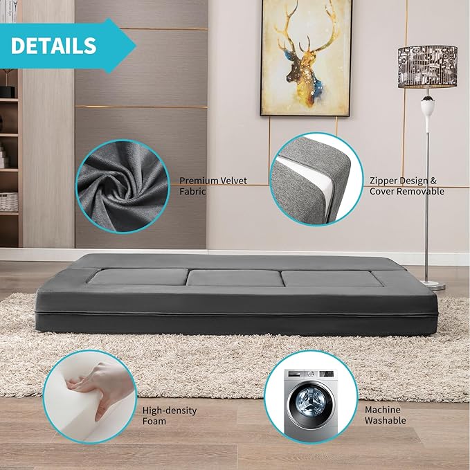 CECER 80 Convertible Floor Sofa BedFolding Sofa Bed with 3 OttomansVelvet Modular Sectional Futon SleeperFoldable Memory Foam Couch for Living Room/Guest Room/Playroom（Light Grey）